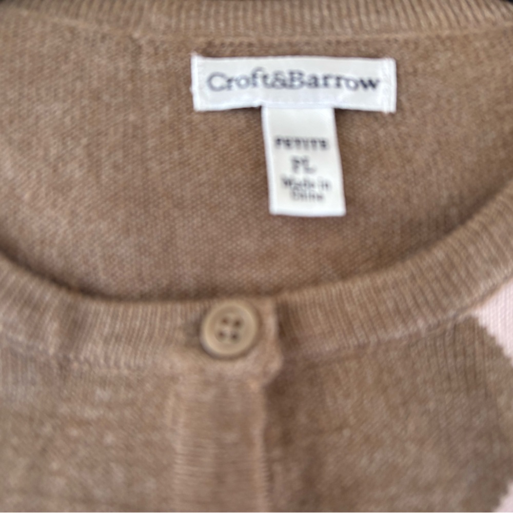 Croft & Barrow Brown Argyle Cardigan with Pink and Cream Accents Size PL - Picture 4 of 4
